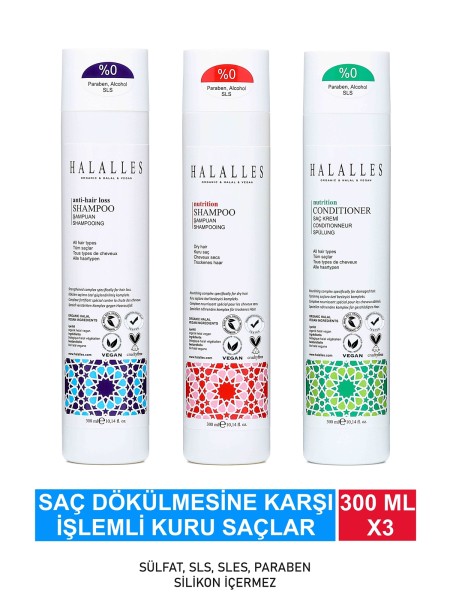 Halalles - Saç Dökülmesine Karşı İşlemli Kuru Saçlara Özel Vitamin Biotin Amino Asit İçeren Şampuan Krem Seti 3 X 300 ml
