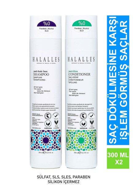 Halalles - Saç Dökülmesine Karşı İşlemli Normal Yapılı Saçlara Özel Vitamin Biotin Amino Asit İçeren Şampuan Krem Seti 2 x 300 ml