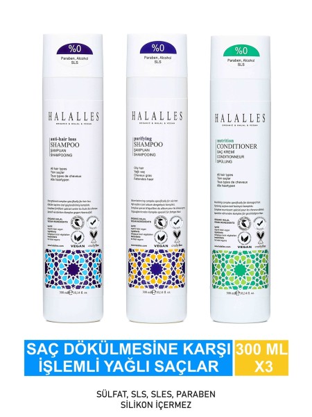 Halalles - Saç Dökülmesine Karşı İşlemli Yağlı Saçlara Özel Vitamin Biotin Amino Asit İçeren Şampuan Krem Seti 3 X 300 ml