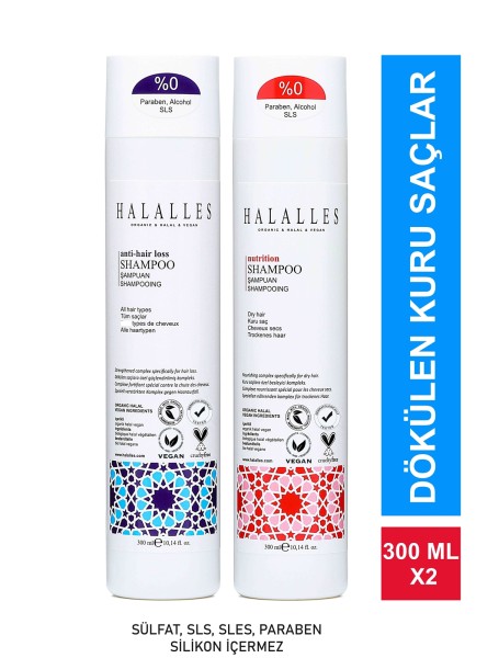 Halalles - Saç Dökülmesine Karşı İşlemsiz Kuru Saçlara Özel Vitamin Biotin Amino Asit İçeren Şampuan Seti 2 X 300 ml